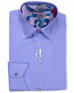 Ferruccio Milanesi luxury men's shirt, Classic Style Tailored Fit Blue Striped Dress Shirts. The best combination of luxury fabrics, cotton and silk, Crafted in Naples, Italy, by Ferruccio Milanesi's master tailors.